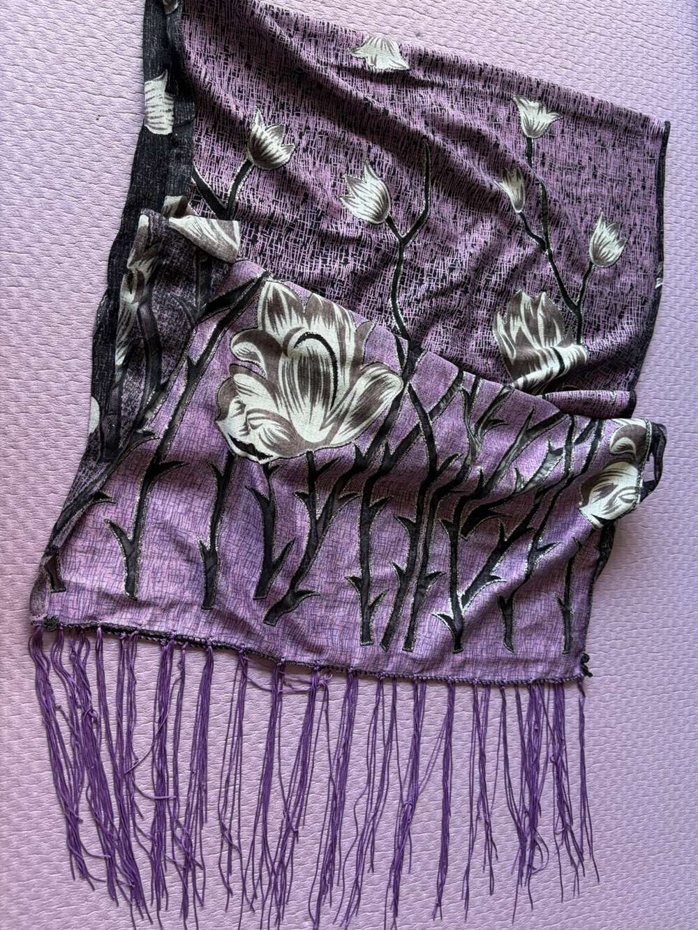 Purple Floral Print Fringe Scarf